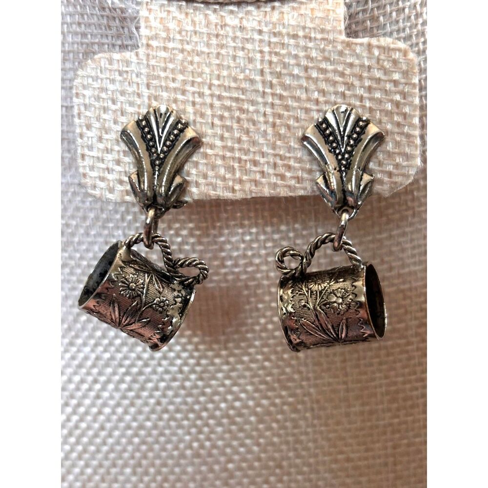 VTG Art Deco Style Silver Tone Teacup Floral Engraved Mug Clip-On Earrings
